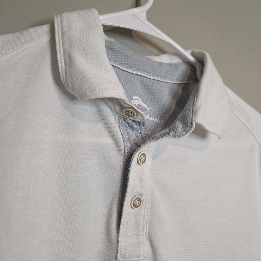 Tommy Bahama Mens Small White Polo Shirt Golf Performance Pique‎ Marlin Logo S